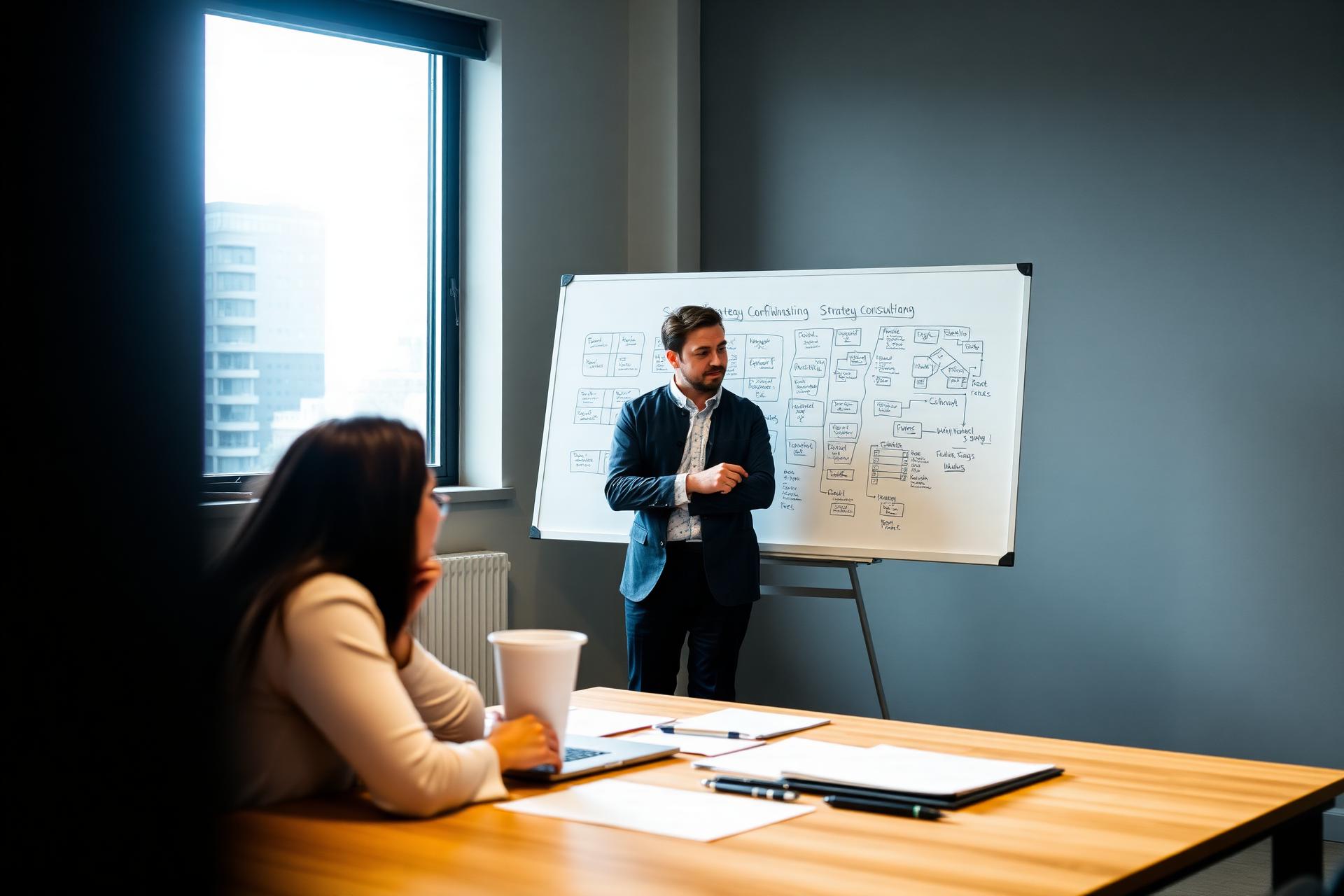 Strategie-Workshop einer Unternehmensberatung am Whiteboard